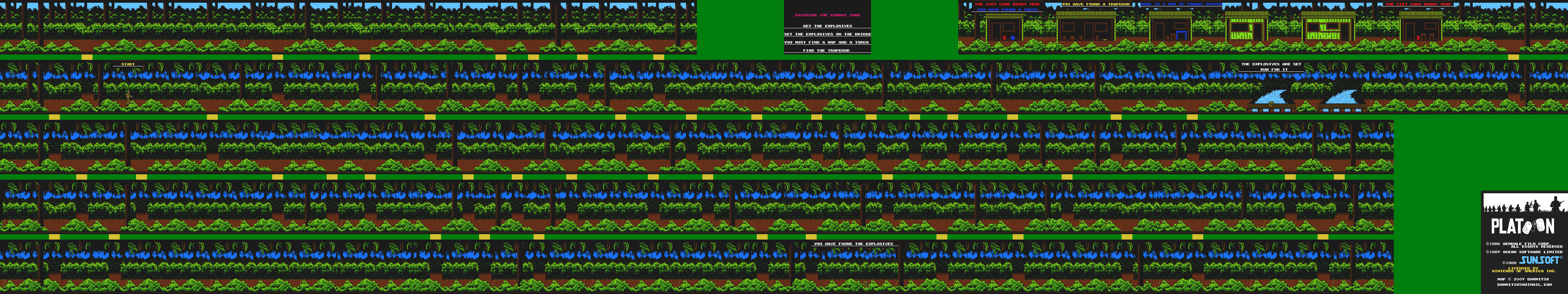 A map of the 1st level of Platoon on the NES, showing the 1st level which is a huge maze in the forest with simillar-looking backgrounds everywhere