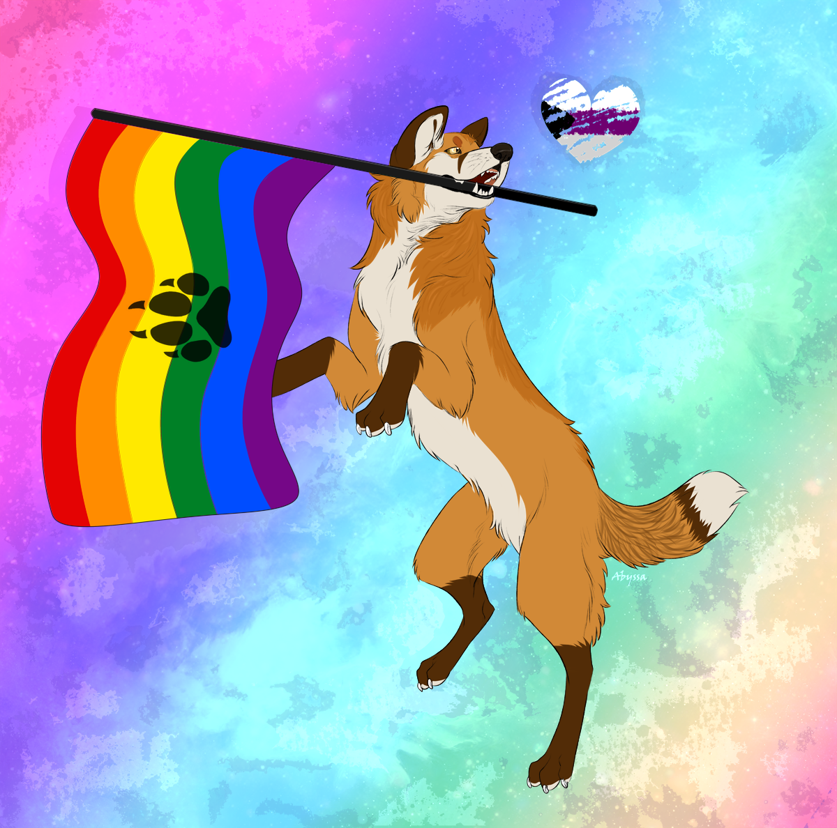 Furry drawing of me as a feral red fox in mid air holding a rainbow flag with a paw print on it in my mouth, with a demisexual heart drawing next to my head in which I am facing towards.