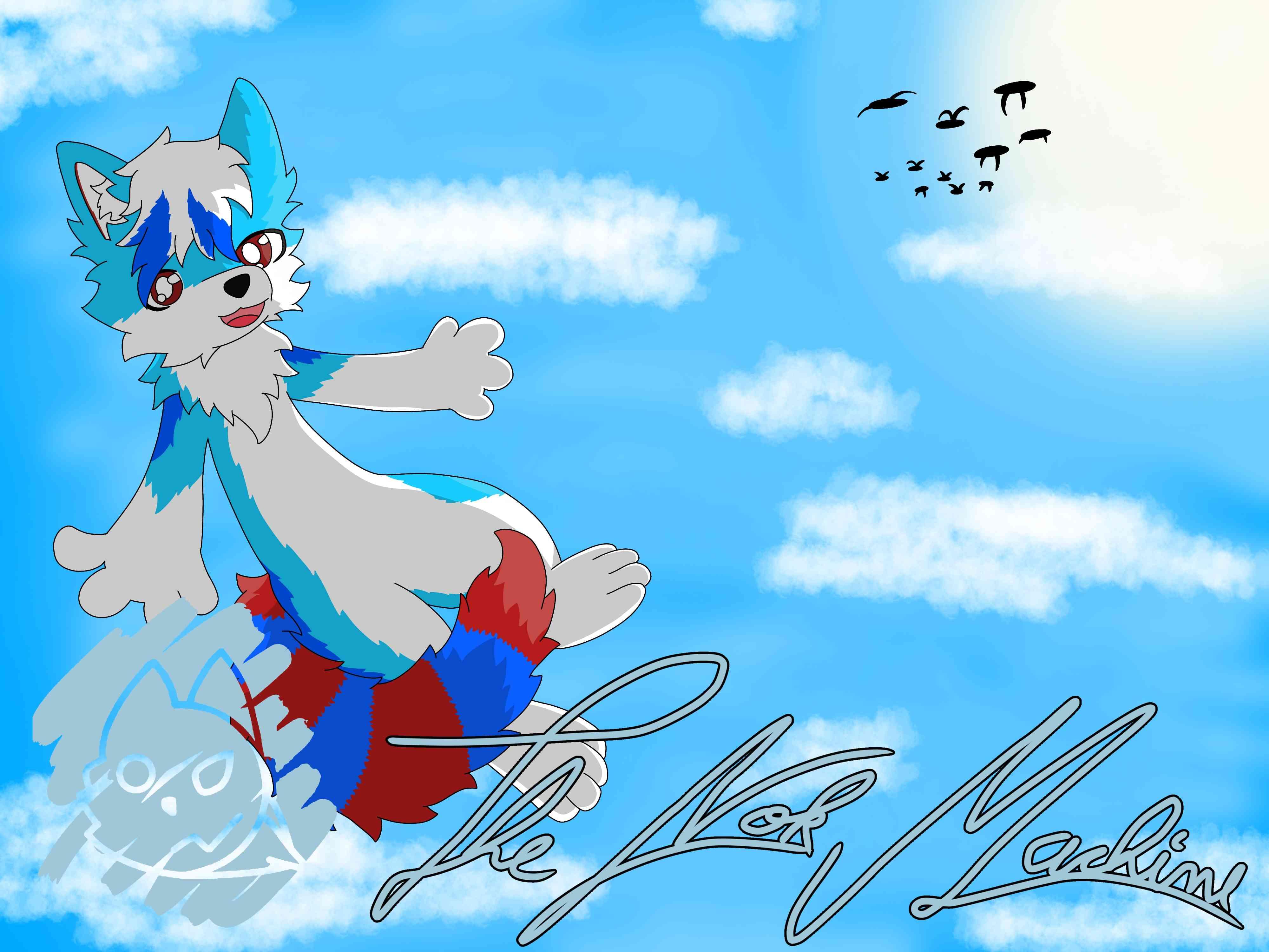 Fluff, a blue and white wolf with a blue and red tail, falling in the sky with the sun and birds in the background.